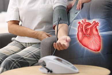 Image of Cardiology. Nurse measuring senior woman's blood pressure at home, closeup. Illustration of heart
