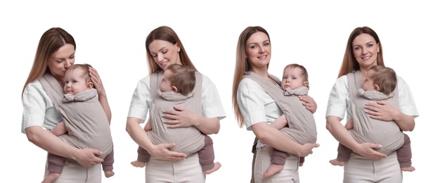 Image of Woman carrying her baby in sling on white background, set of portraits
