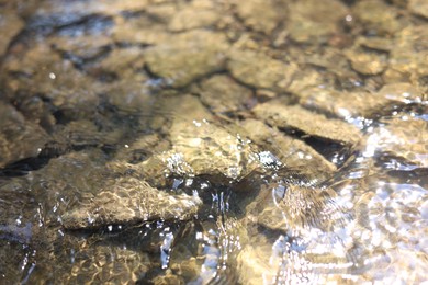 Photo of Many stones under flowing clean water, closeup