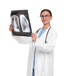 Photo of Smiling doctor in uniform, stethoscope and glasses with MRI scan on white background