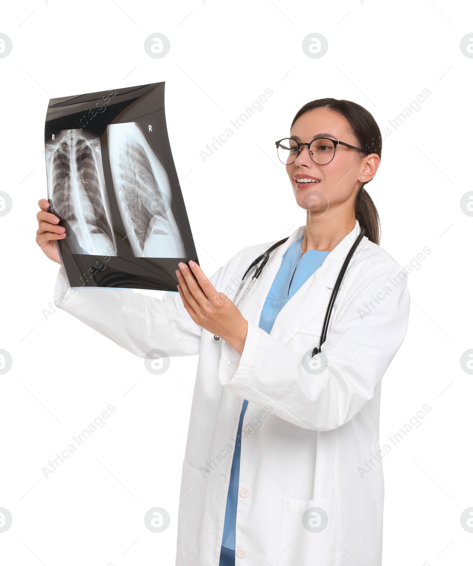 Smiling doctor in uniform, stethoscope and glasses with MRI scan on white background Photo of Smiling doctor in uniform, stethoscope and glasses with MRI scan on white background