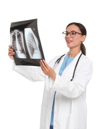 Photo of Smiling doctor in uniform, stethoscope and glasses with MRI scan on white background