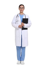 Photo of Smiling doctor in uniform, stethoscope and glasses with clipboard on white background