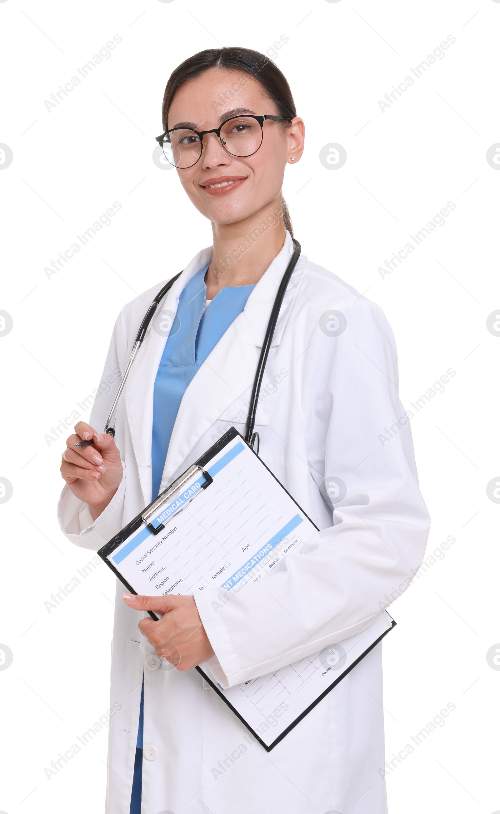 Smiling doctor in uniform, stethoscope and glasses with patient's medical card on white background Photo of Smiling doctor in uniform, stethoscope and glasses with patient's medical card on white background
