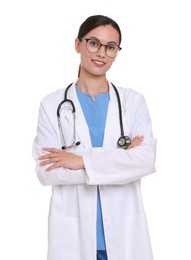 Photo of Smiling doctor in uniform, stethoscope and glasses with crossed arms on white background