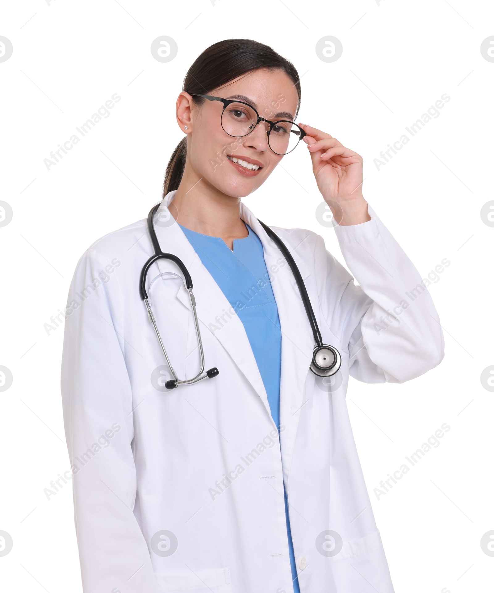 Smiling doctor in uniform, stethoscope and glasses on white background Photo of Smiling doctor in uniform, stethoscope and glasses on white background