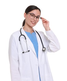 Photo of Smiling doctor in uniform, stethoscope and glasses on white background