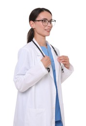 Photo of Smiling doctor in uniform, stethoscope and glasses on white background