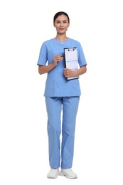 Photo of Nurse in uniform with patient's medical card on white background