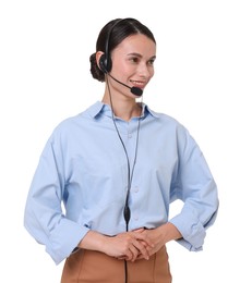 Photo of Smiling businesswoman in headset on white background