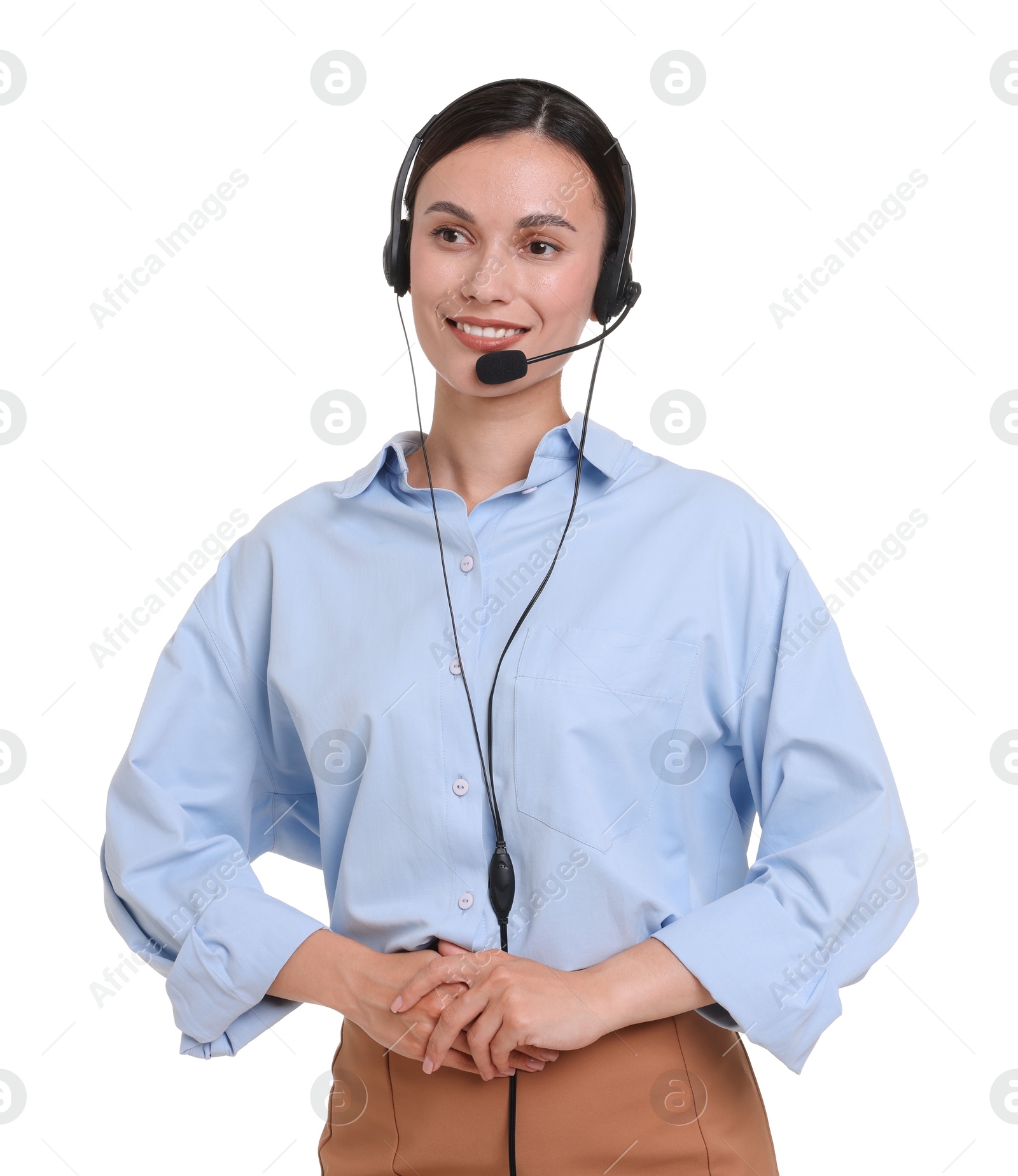 Photo of Smiling businesswoman in headset on white background