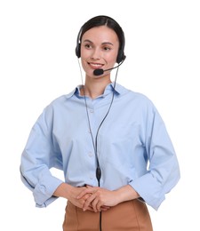 Photo of Smiling businesswoman in headset on white background