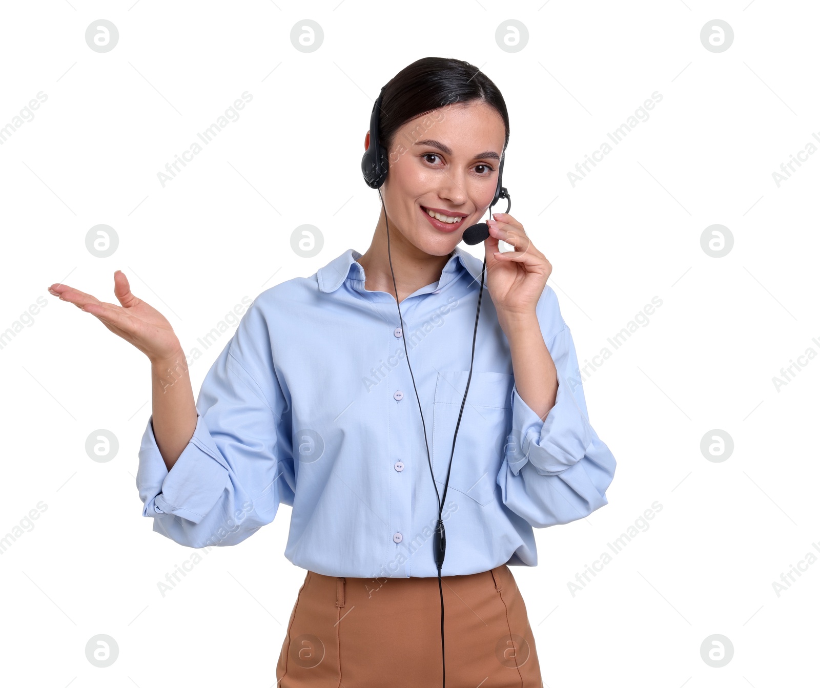 Photo of Smiling businesswoman in headset on white background