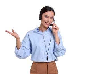Photo of Smiling businesswoman in headset on white background