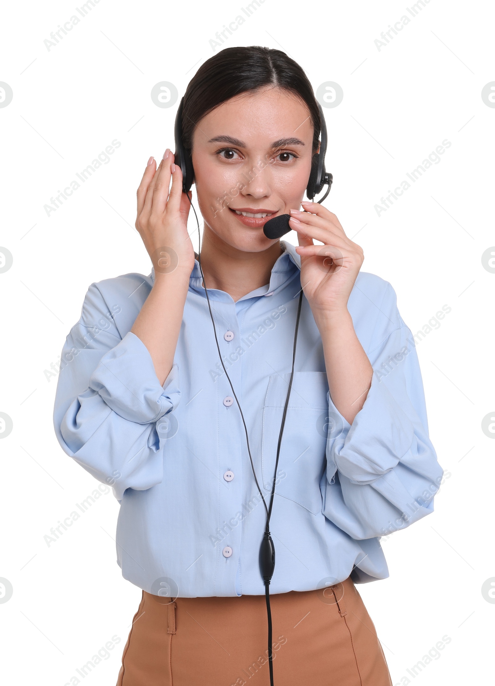 Smiling businesswoman in headset on white background Photo of Smiling businesswoman in headset on white background