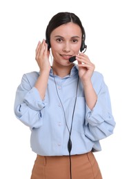 Photo of Smiling businesswoman in headset on white background