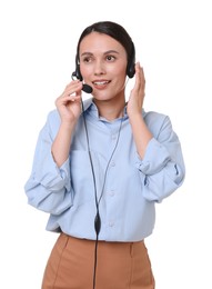Photo of Smiling businesswoman in headset on white background