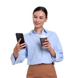 Photo of Smiling businesswoman with takeaway cup using smartphone on white background