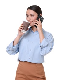 Photo of Smiling businesswoman with takeaway cup talking by smartphone on white background