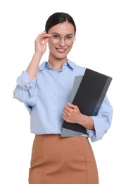 Photo of Smiling businesswoman in glasses with folders on white background