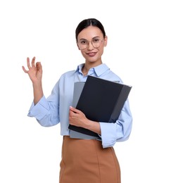 Photo of Smiling businesswoman in glasses with folders showing ok gesture on white background