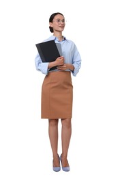 Photo of Smiling businesswoman in glasses with folders on white background