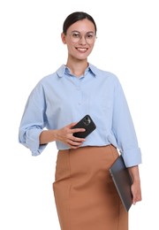 Photo of Smiling businesswoman in glasses with laptop and smartphone on white background