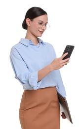 Photo of Smiling businesswoman in glasses with laptop using smartphone on white background
