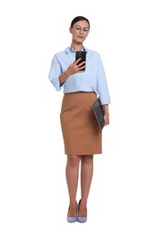 Photo of Businesswoman in glasses with laptop using smartphone on white background