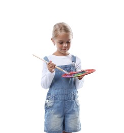 Photo of Choice of profession. Little girl with palette of paints and brush pretending to be artist on white background