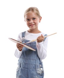 Photo of Choice of profession. Little girl with palette of paints and brush pretending to be artist on white background