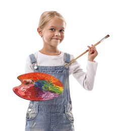 Photo of Choice of profession. Little girl with palette of paints and brush pretending to be artist on white background