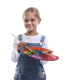 Photo of Choice of profession. Little girl with palette of paints and brush pretending to be artist on white background