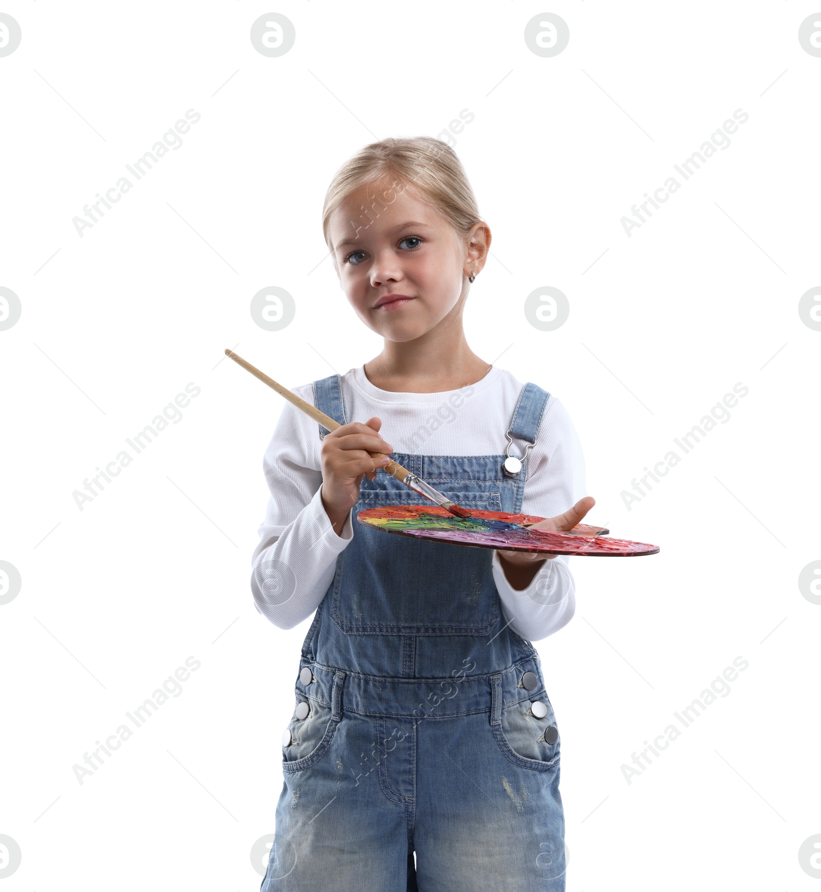 Photo of Choice of profession. Little girl with palette of paints and brush pretending to be artist on white background