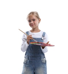 Photo of Choice of profession. Little girl with palette of paints and brush pretending to be artist on white background