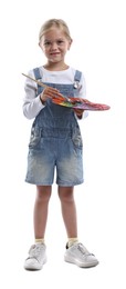 Photo of Choice of profession. Little girl with palette of paints and brush pretending to be artist on white background