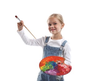Photo of Choice of profession. Little girl with palette of paints and brush pretending to be artist on white background