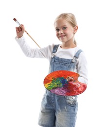 Photo of Choice of profession. Little girl with palette of paints and brush pretending to be artist on white background