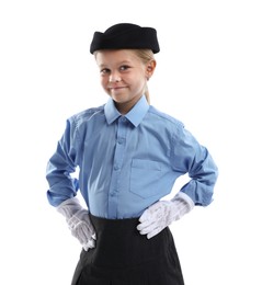 Photo of Choice of profession. Little girl pretending to be stewardess on white background