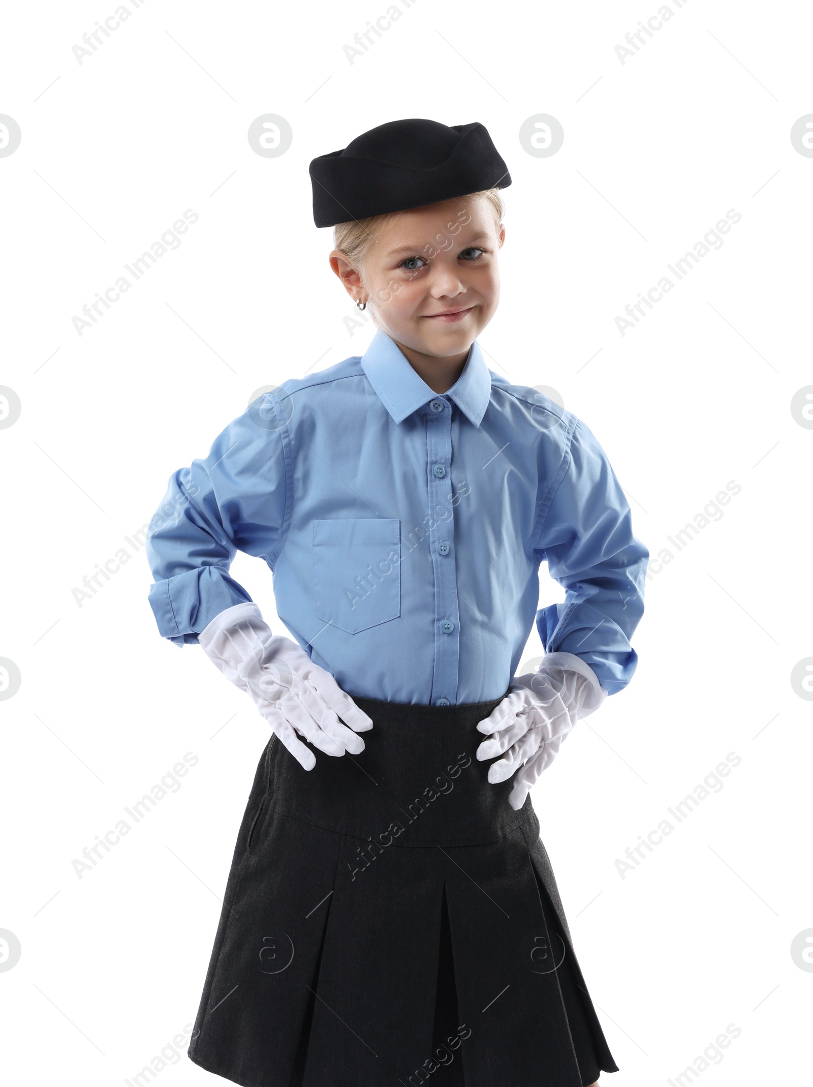 Photo of Choice of profession. Little girl pretending to be stewardess on white background