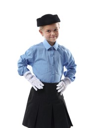Photo of Choice of profession. Little girl pretending to be stewardess on white background