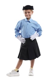 Photo of Choice of profession. Little girl pretending to be stewardess on white background