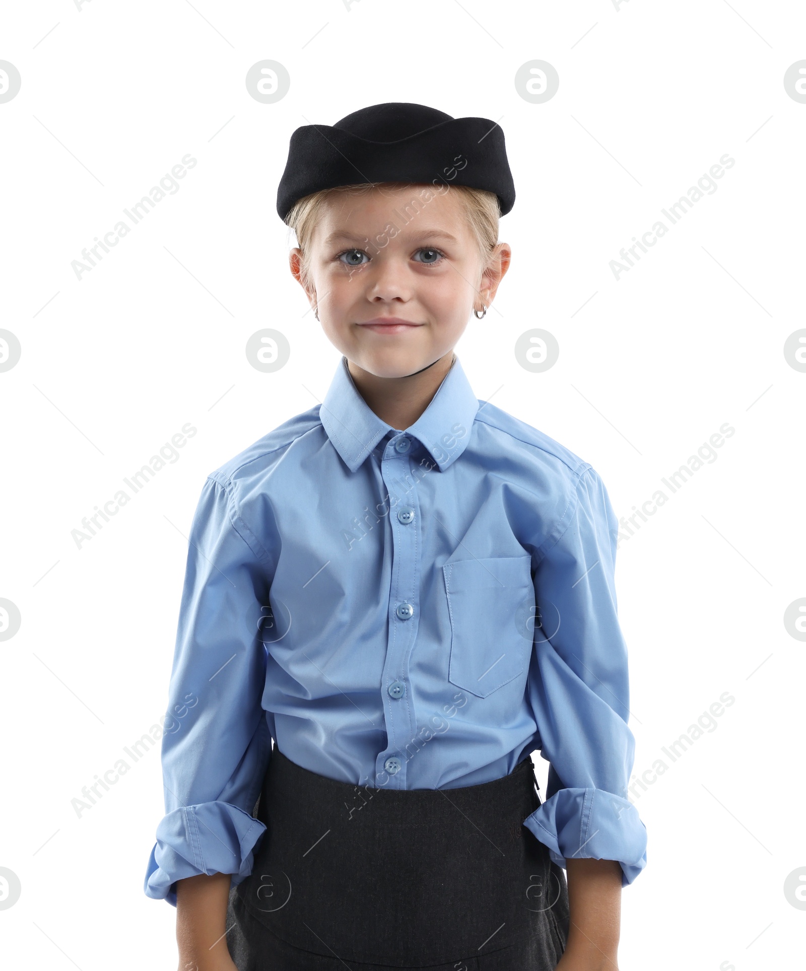 Photo of Choice of profession. Little girl pretending to be stewardess on white background