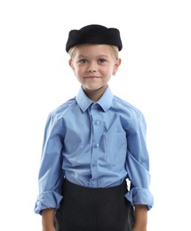 Photo of Choice of profession. Little girl pretending to be stewardess on white background