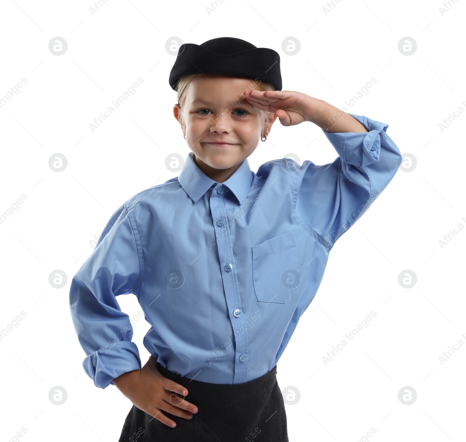 Photo of Choice of profession. Little girl pretending to be stewardess on white background
