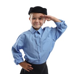 Photo of Choice of profession. Little girl pretending to be stewardess on white background