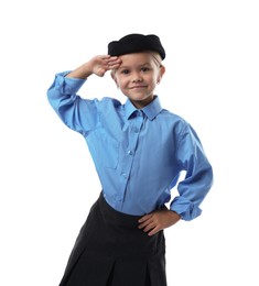 Photo of Choice of profession. Little girl pretending to be stewardess on white background