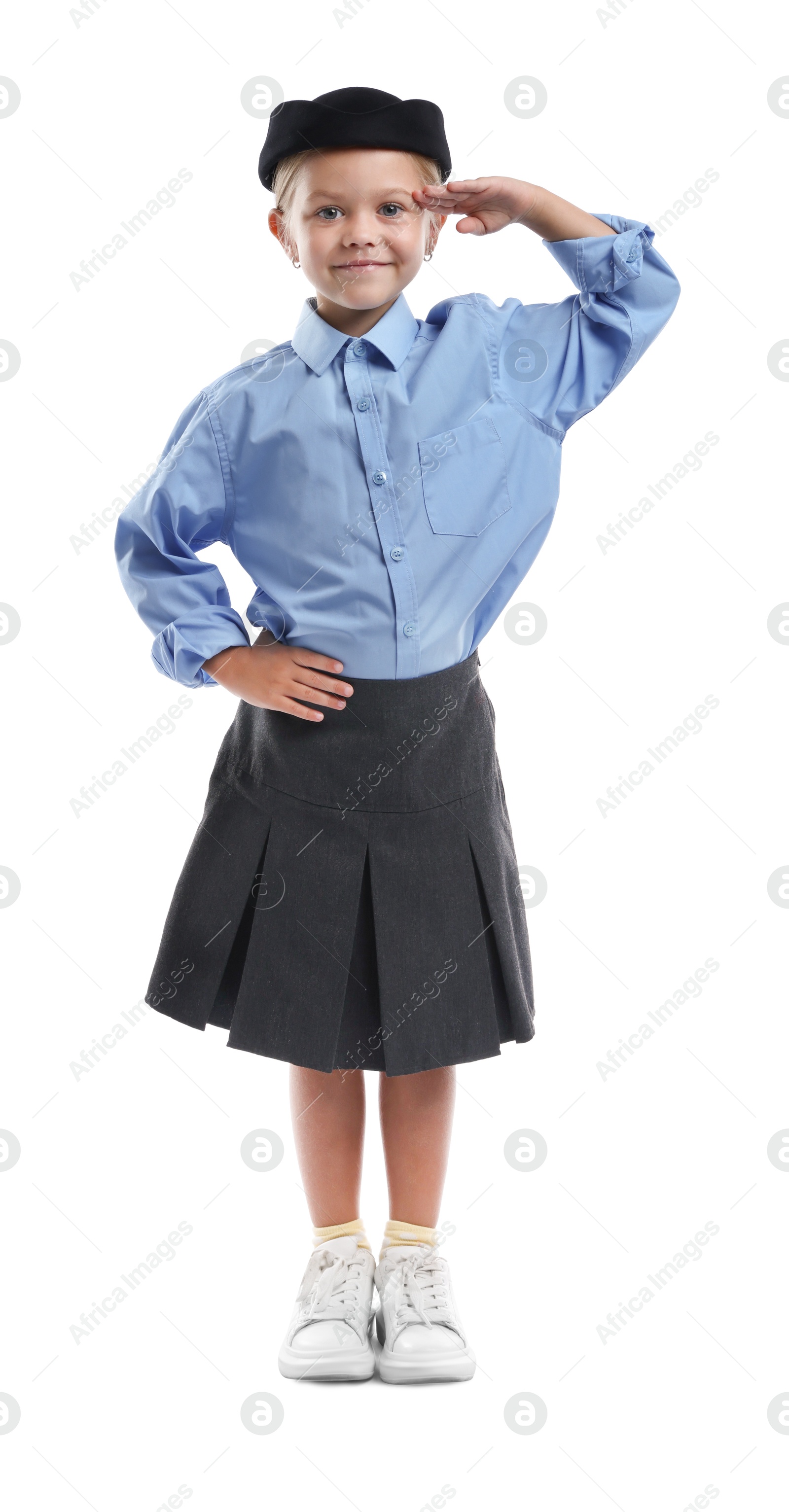 Photo of Choice of profession. Little girl pretending to be stewardess on white background