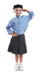 Photo of Choice of profession. Little girl pretending to be stewardess on white background
