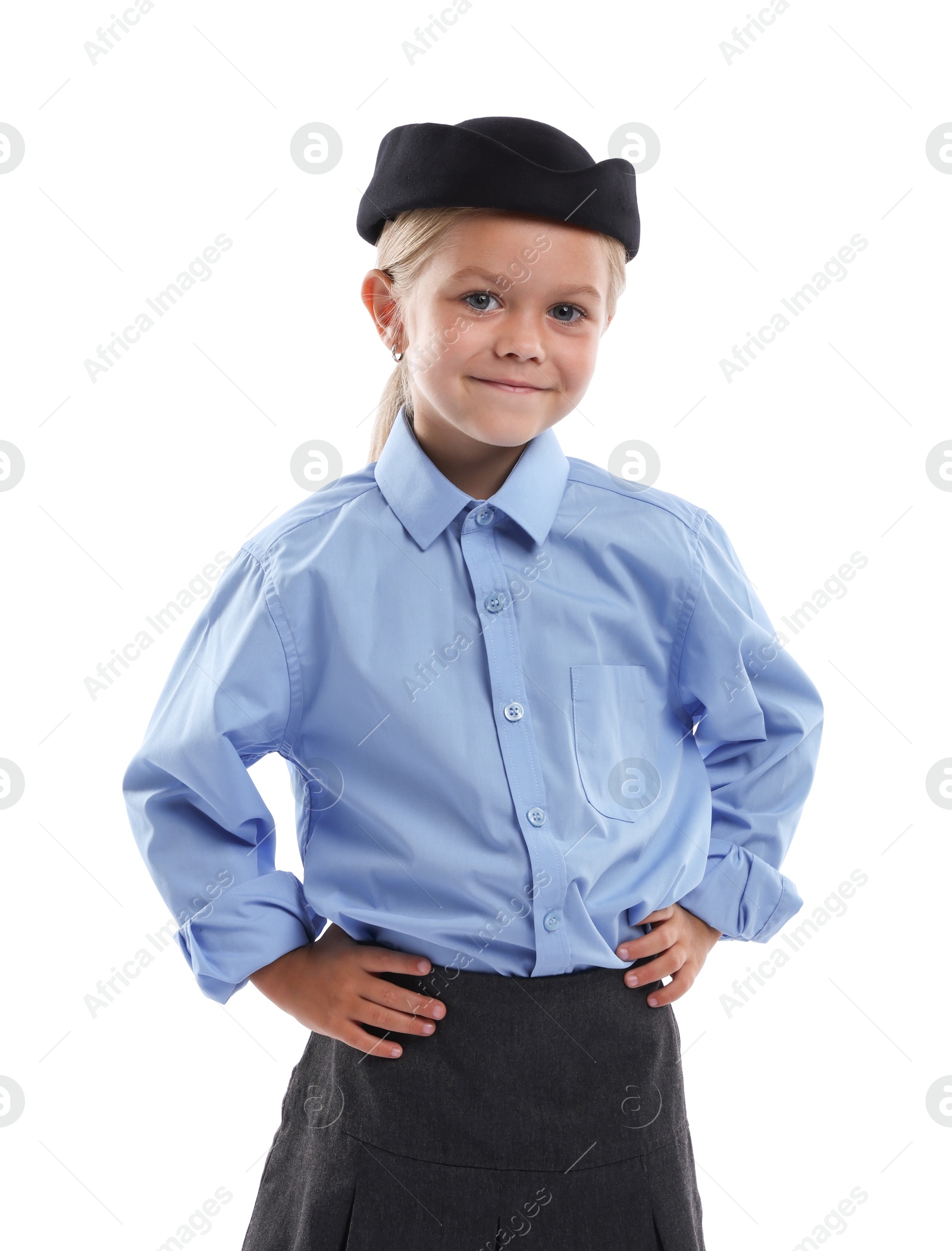 Photo of Choice of profession. Little girl pretending to be stewardess on white background